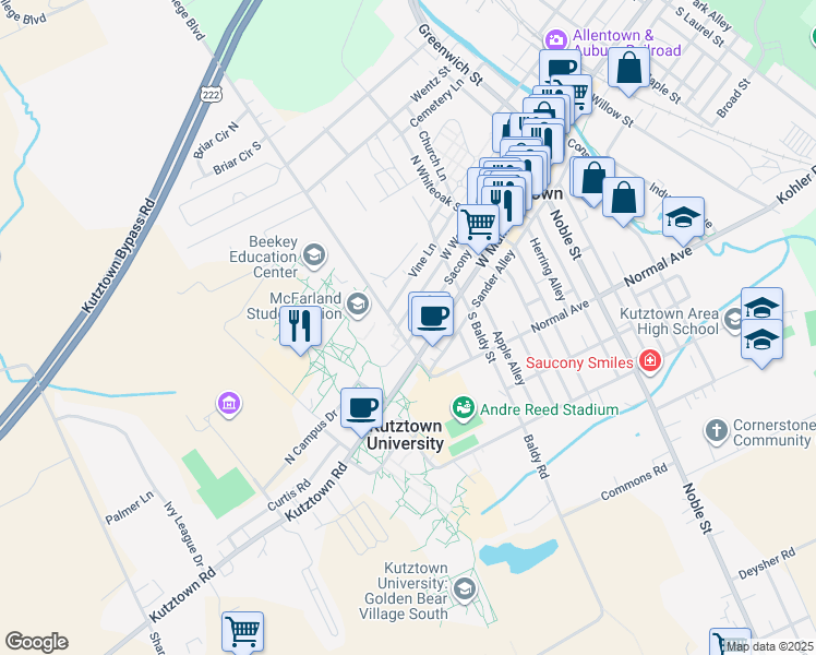 map of restaurants, bars, coffee shops, grocery stores, and more near 445 Sacony Alley in Kutztown