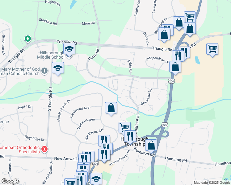 map of restaurants, bars, coffee shops, grocery stores, and more near 180 Wildflower Lane in Somerset County