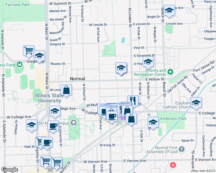 map of restaurants, bars, coffee shops, grocery stores, and more near 110 West Locust Street in Normal
