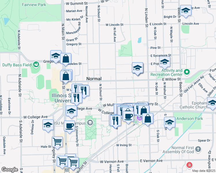 map of restaurants, bars, coffee shops, grocery stores, and more near 208 West Locust Street in Normal