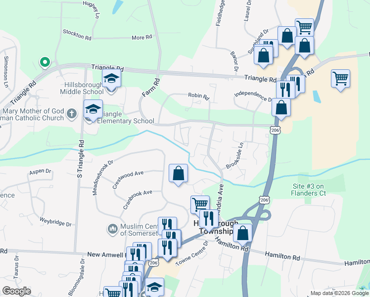 map of restaurants, bars, coffee shops, grocery stores, and more near 180 Wildflower Lane in Hillsborough Township