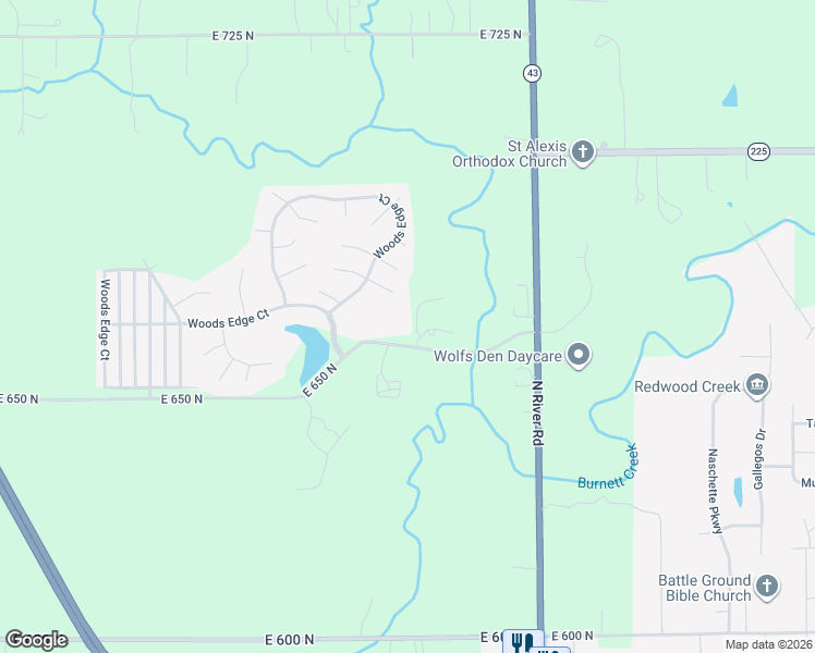 map of restaurants, bars, coffee shops, grocery stores, and more near 1730 East 650 North in West Lafayette