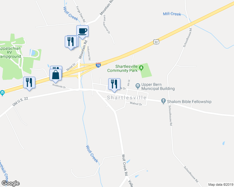 map of restaurants, bars, coffee shops, grocery stores, and more near 5652 Old U.S. 22 in Shartlesville