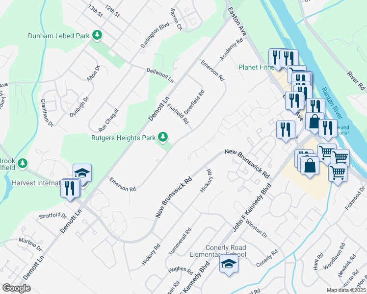 map of restaurants, bars, coffee shops, grocery stores, and more near 116 Emerson Road in Franklin Township