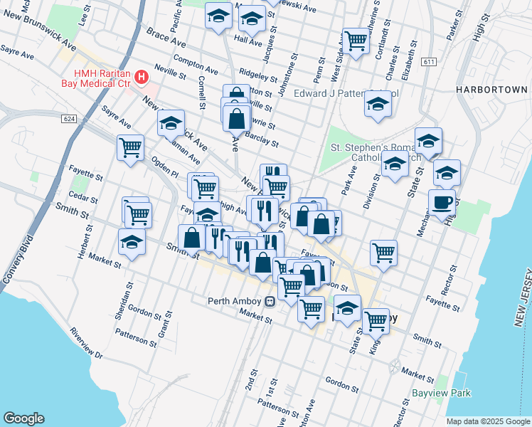 map of restaurants, bars, coffee shops, grocery stores, and more near 375 Oak Street in Perth Amboy