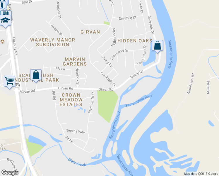 map of restaurants, bars, coffee shops, grocery stores, and more near 2950 Girvan Road in Redding