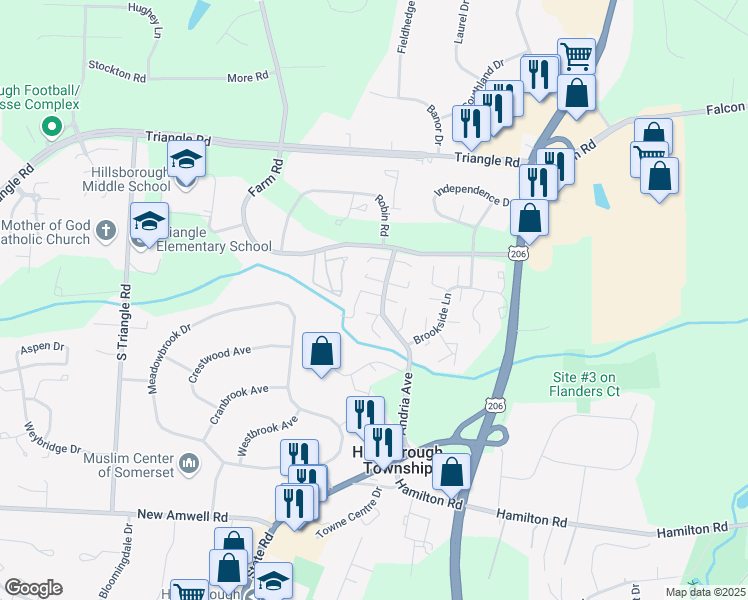 map of restaurants, bars, coffee shops, grocery stores, and more near 538 Andria Avenue in Hillsborough Township