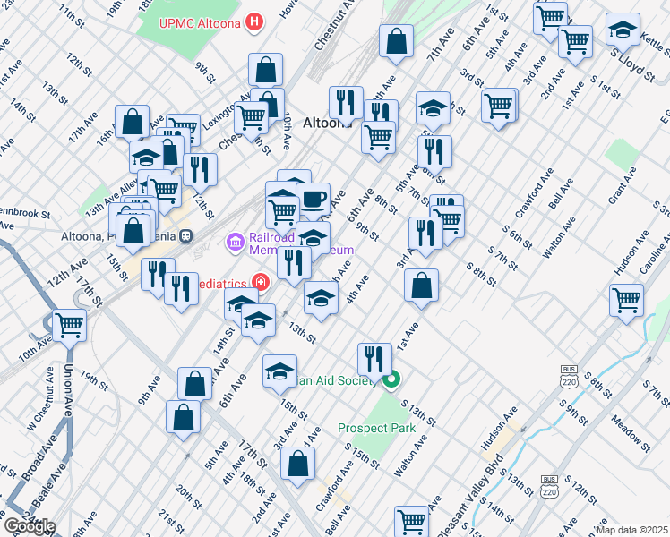 map of restaurants, bars, coffee shops, grocery stores, and more near 1022 5th Avenue in Altoona