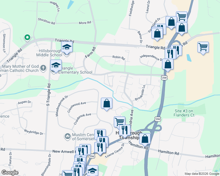 map of restaurants, bars, coffee shops, grocery stores, and more near 180 Wildflower Lane in Somerset County