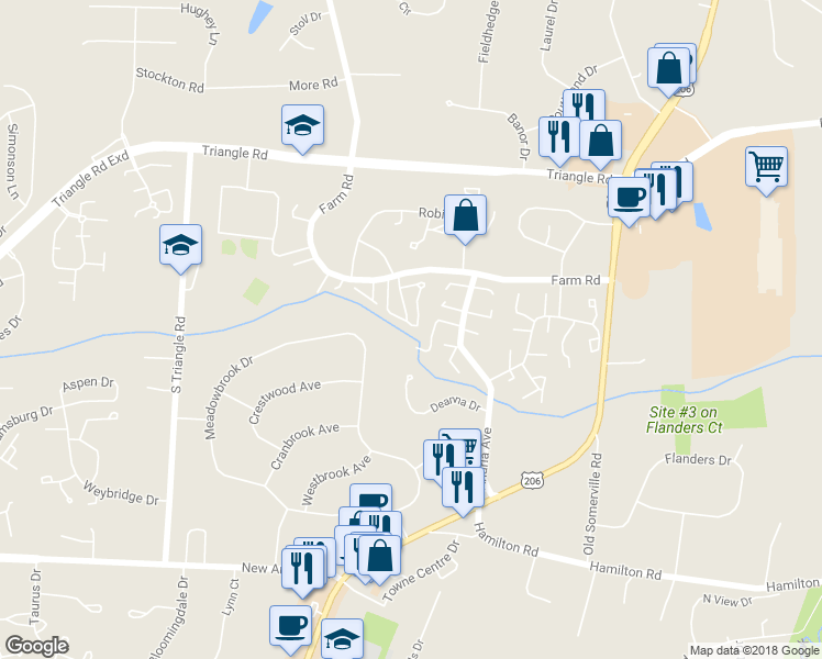 map of restaurants, bars, coffee shops, grocery stores, and more near 180 Wildflower Lane in Somerset County