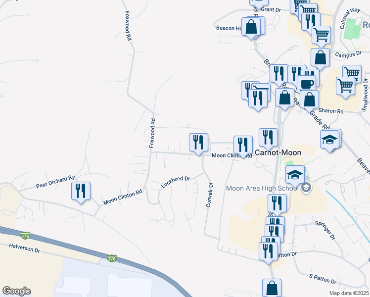 map of restaurants, bars, coffee shops, grocery stores, and more near 280 Moon Clinton Road in Coraopolis
