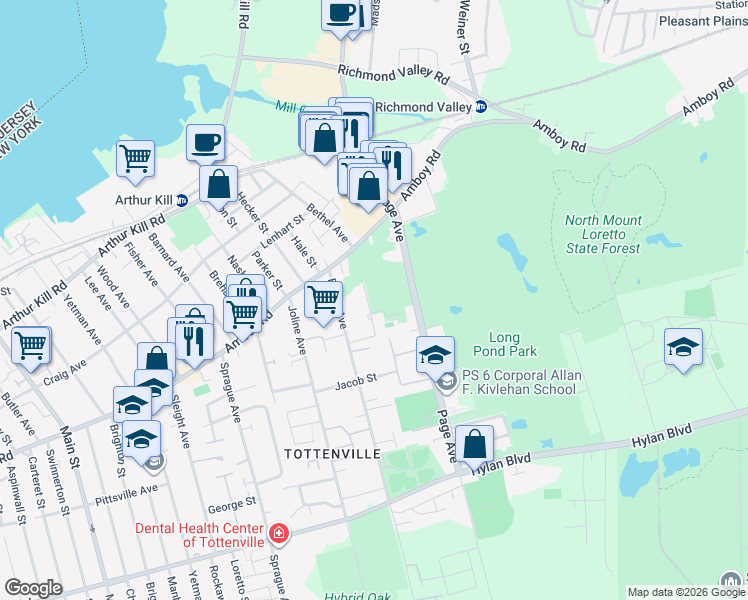 map of restaurants, bars, coffee shops, grocery stores, and more near 77 Giegerich Avenue in Staten Island