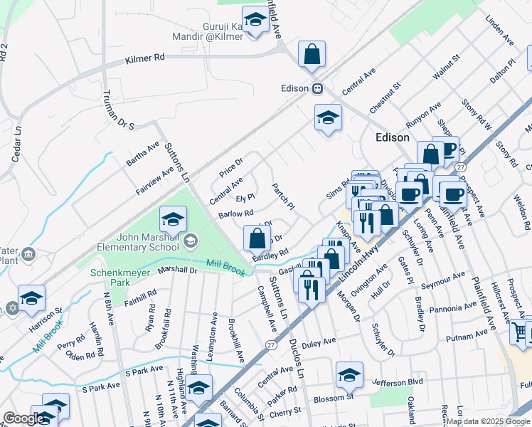 map of restaurants, bars, coffee shops, grocery stores, and more near 26 Barlow Road in Edison