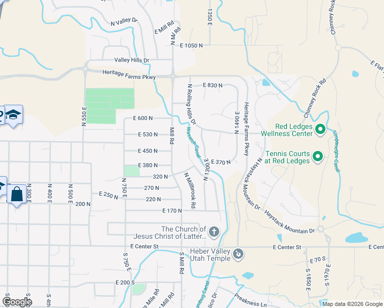 map of restaurants, bars, coffee shops, grocery stores, and more near 354 North Waterside Court in Heber City