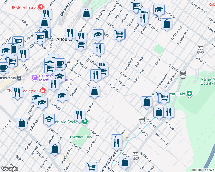 map of restaurants, bars, coffee shops, grocery stores, and more near 805 1st Avenue in Altoona