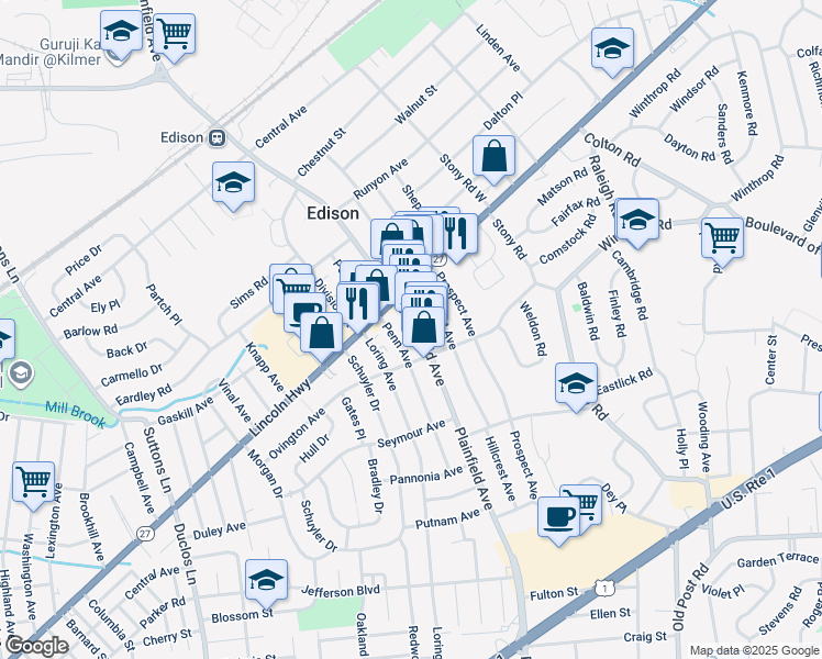 map of restaurants, bars, coffee shops, grocery stores, and more near 252 Plainfield Avenue in Edison