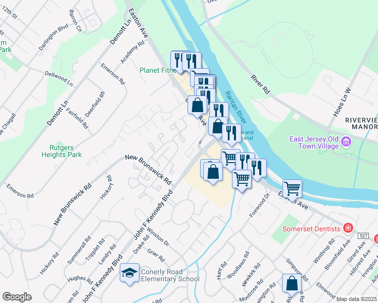 map of restaurants, bars, coffee shops, grocery stores, and more near 2 John F Kennedy Boulevard in Franklin Township