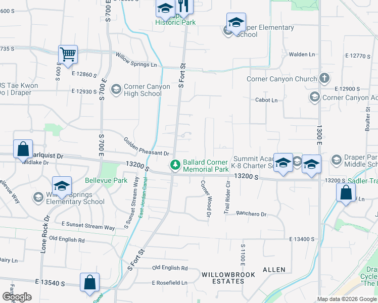 map of restaurants, bars, coffee shops, grocery stores, and more near 1287 East Corner Creek Cove in Draper