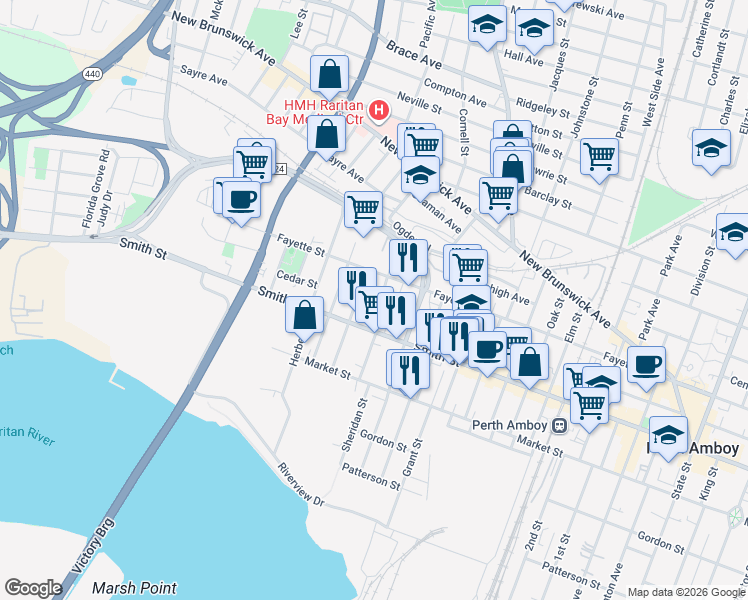 map of restaurants, bars, coffee shops, grocery stores, and more near 331 Kirkland Place in Perth Amboy