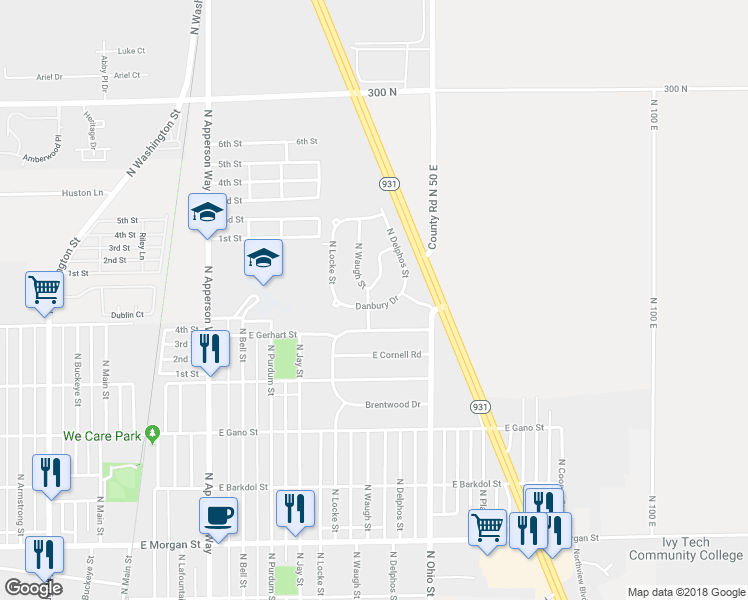 map of restaurants, bars, coffee shops, grocery stores, and more near 1000 Danbury Drive in Kokomo