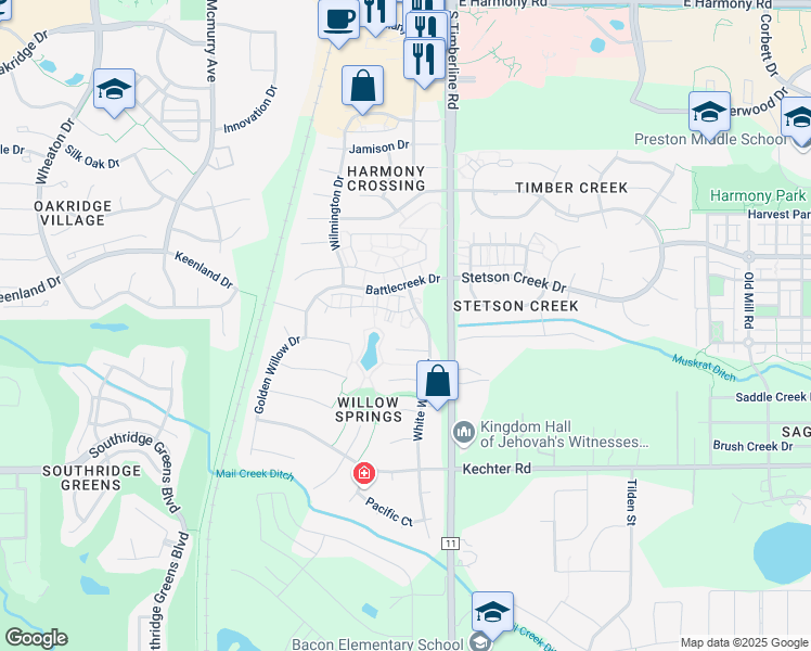 map of restaurants, bars, coffee shops, grocery stores, and more near 5225 White Willow Drive in Fort Collins