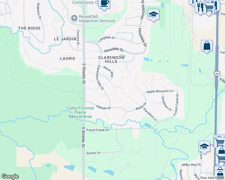 map of restaurants, bars, coffee shops, grocery stores, and more near 5223 Paradise Lane in Fort Collins