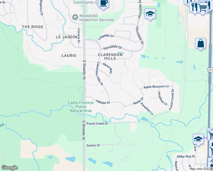 map of restaurants, bars, coffee shops, grocery stores, and more near 5236 Clarendon Hills Drive in Fort Collins