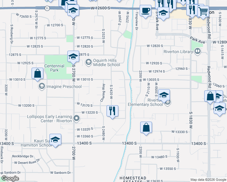 map of restaurants, bars, coffee shops, grocery stores, and more near 13078 South 2420 West in Riverton
