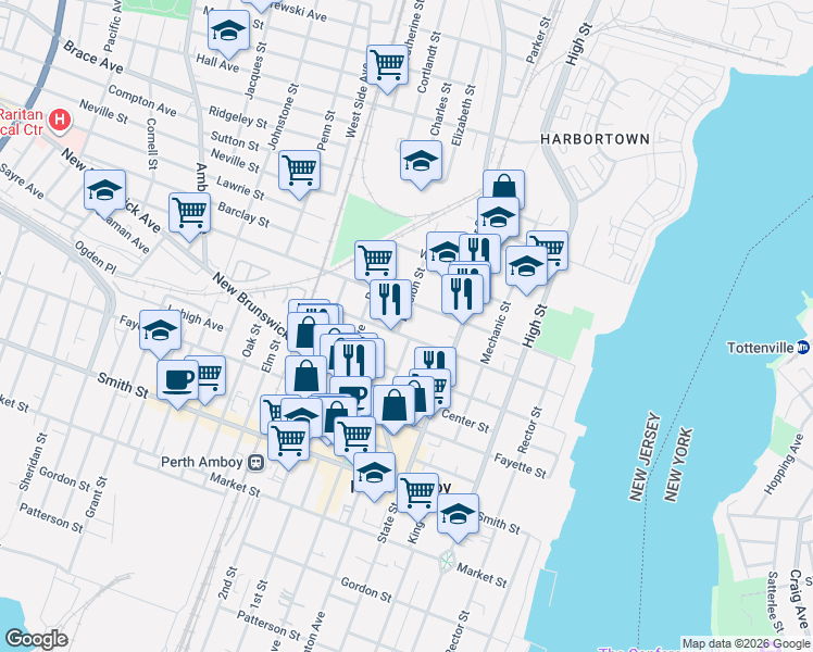 map of restaurants, bars, coffee shops, grocery stores, and more near 424 Division Street in Perth Amboy