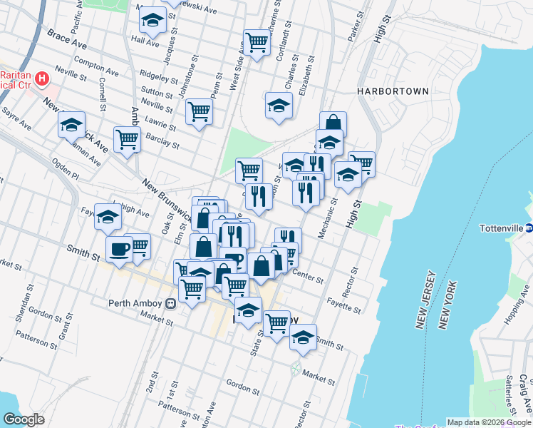 map of restaurants, bars, coffee shops, grocery stores, and more near 424 Division Street in Perth Amboy