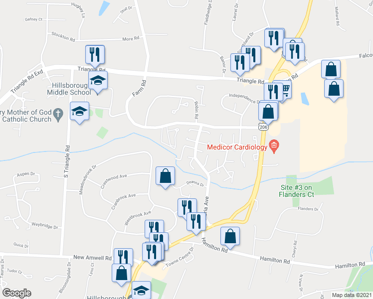 map of restaurants, bars, coffee shops, grocery stores, and more near 538 Andria Avenue in Hillsborough Township