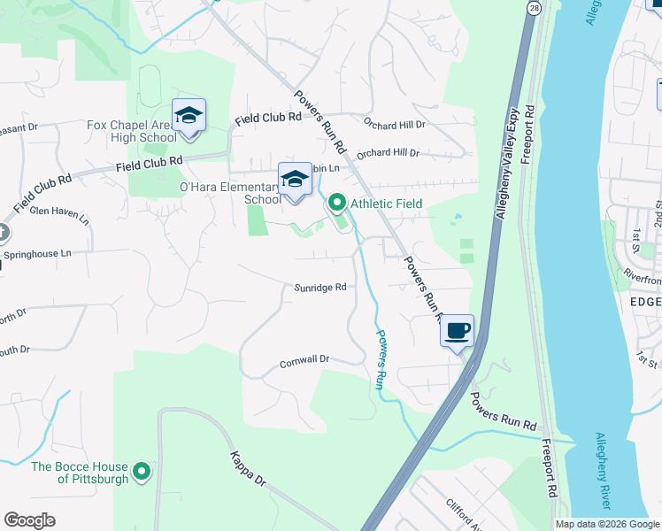 map of restaurants, bars, coffee shops, grocery stores, and more near 203 Falconhurst Drive in Pittsburgh