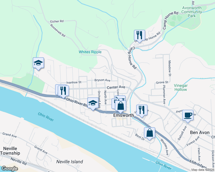 map of restaurants, bars, coffee shops, grocery stores, and more near 200 Center Avenue in Bellevue