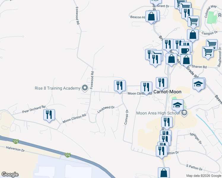 map of restaurants, bars, coffee shops, grocery stores, and more near 280b Moon Clinton Road in Carnot-Moon