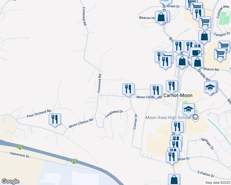 map of restaurants, bars, coffee shops, grocery stores, and more near 280 Moon Clinton Road in Moon