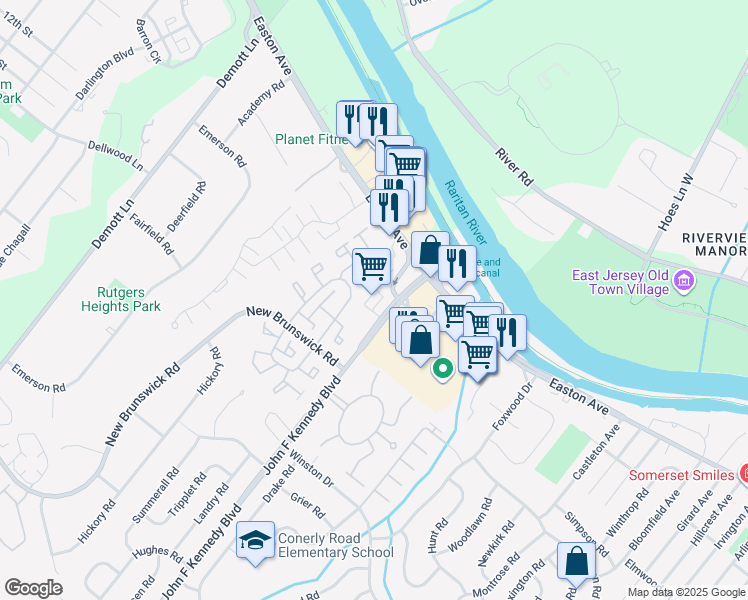 map of restaurants, bars, coffee shops, grocery stores, and more near 2 John F Kennedy Boulevard in Franklin Township
