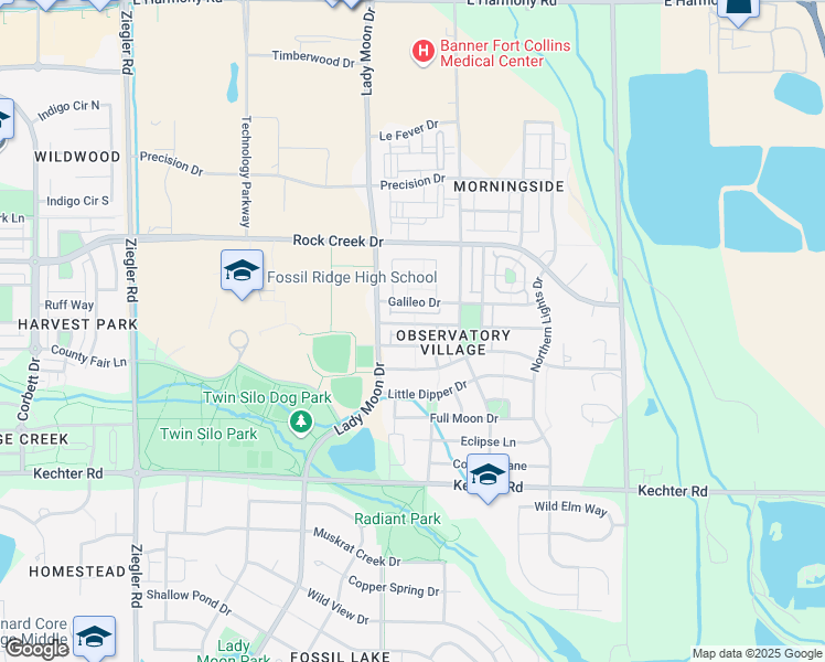 map of restaurants, bars, coffee shops, grocery stores, and more near 3639 Observatory Drive in Fort Collins