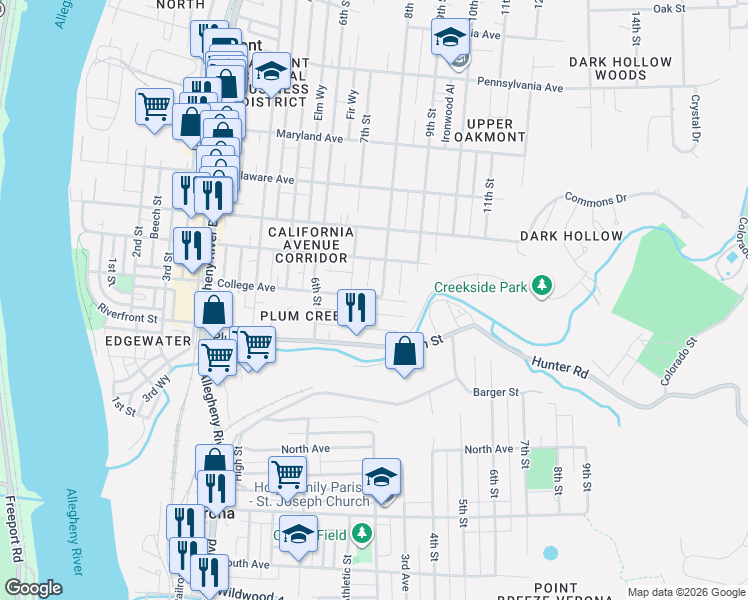 map of restaurants, bars, coffee shops, grocery stores, and more near 724 College Avenue in Oakmont