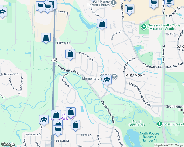 map of restaurants, bars, coffee shops, grocery stores, and more near 5228 Greenview Drive in Fort Collins
