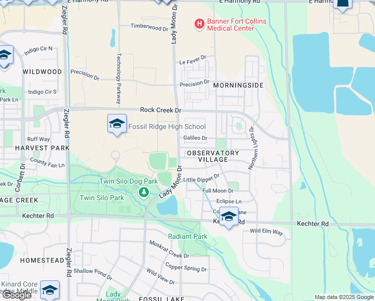 map of restaurants, bars, coffee shops, grocery stores, and more near 3615 Observatory Drive in Fort Collins