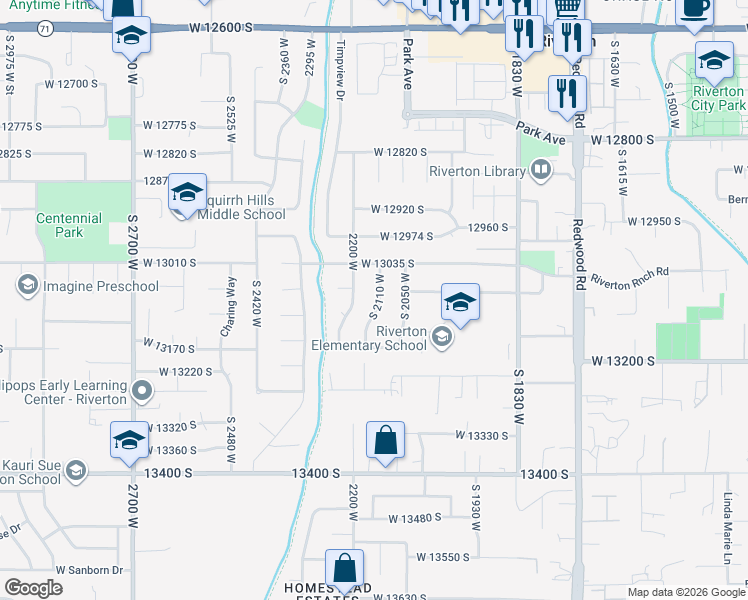map of restaurants, bars, coffee shops, grocery stores, and more near 13096 South 2110 West in Riverton