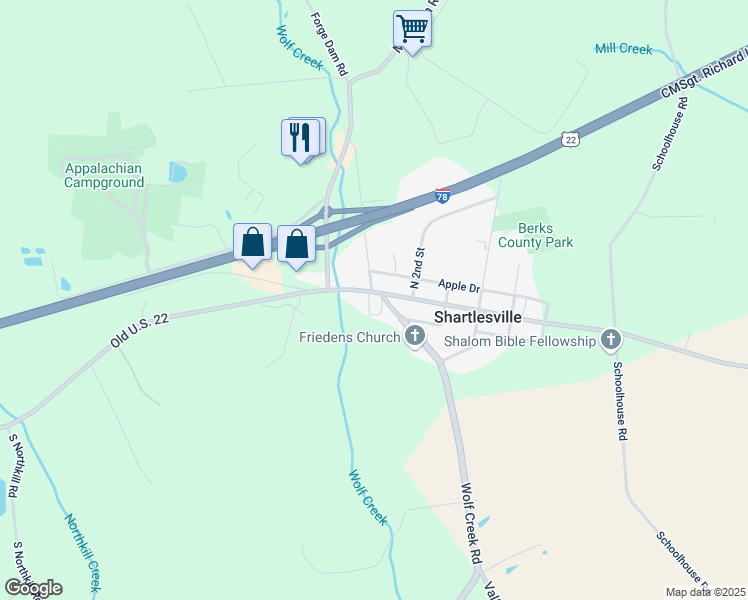 map of restaurants, bars, coffee shops, grocery stores, and more near 5727 Old U.S. 22 in Shartlesville