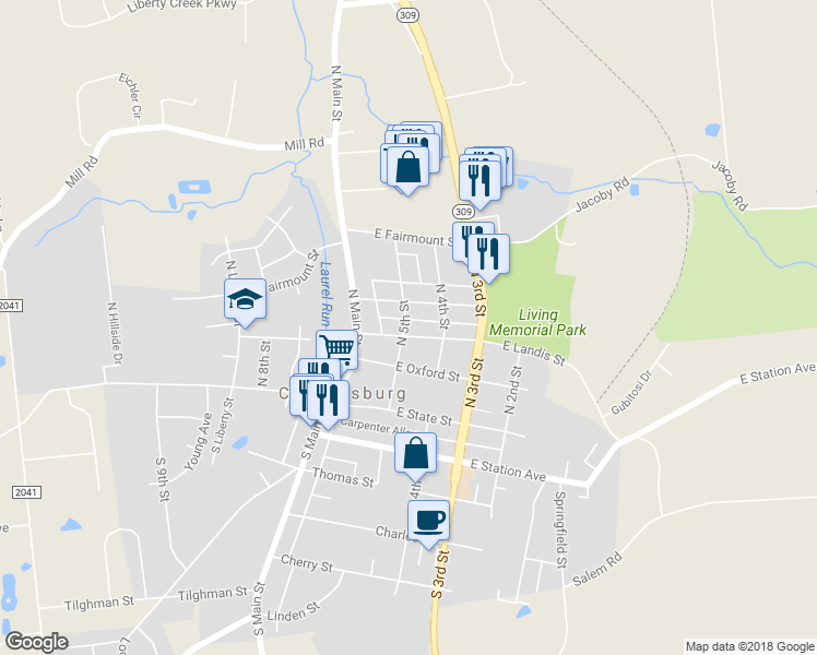 map of restaurants, bars, coffee shops, grocery stores, and more near 437 East Landis Street in Coopersburg