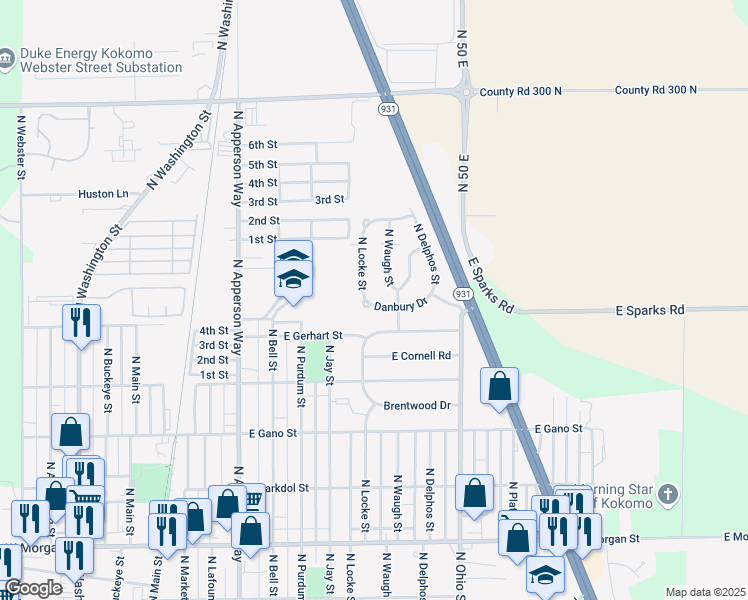 map of restaurants, bars, coffee shops, grocery stores, and more near 906 Danbury Drive in Kokomo
