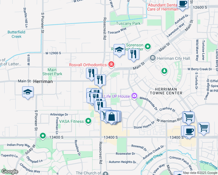 map of restaurants, bars, coffee shops, grocery stores, and more near 13144 South Woods Park Drive in Herriman