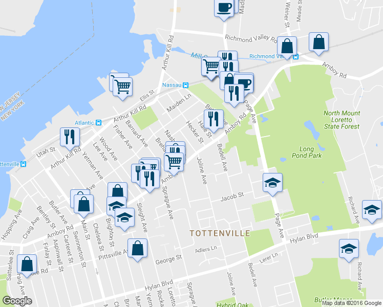 map of restaurants, bars, coffee shops, grocery stores, and more near 7167 Amboy Road in Staten Island
