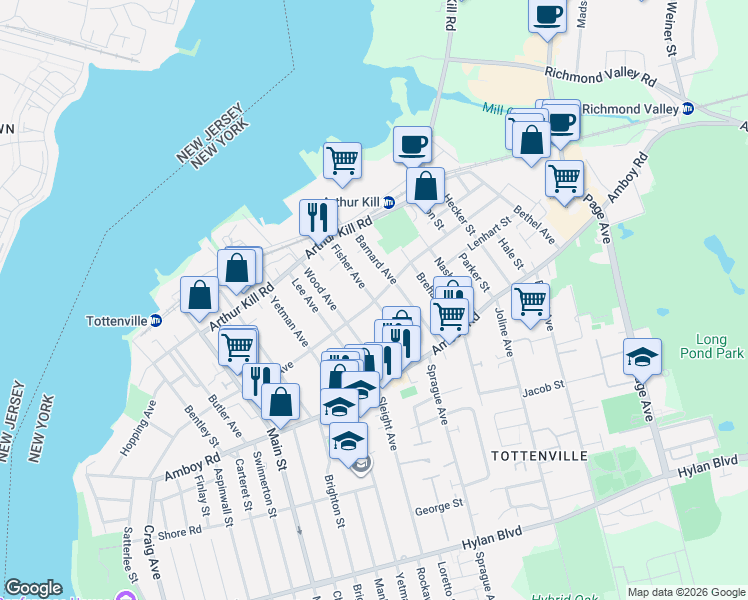 map of restaurants, bars, coffee shops, grocery stores, and more near 185 Fisher Avenue in Staten Island