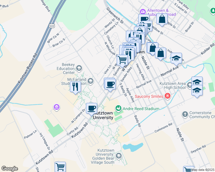 map of restaurants, bars, coffee shops, grocery stores, and more near 445 Sacony Alley in Kutztown