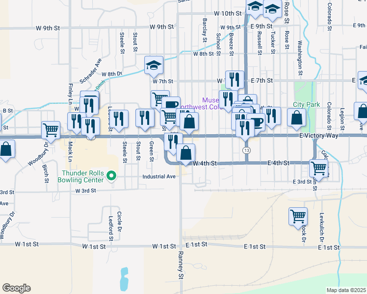 map of restaurants, bars, coffee shops, grocery stores, and more near 463 Ranney Street in Craig