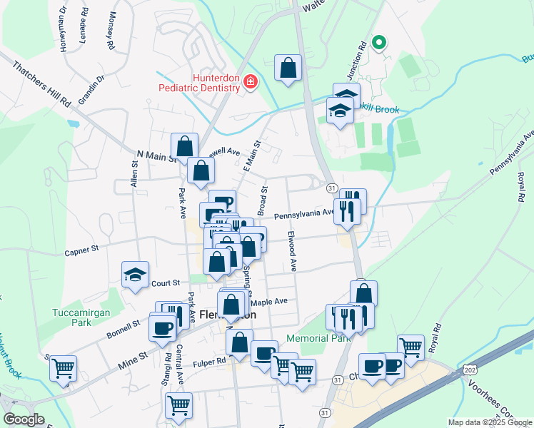 map of restaurants, bars, coffee shops, grocery stores, and more near 30 Pennsylvania Avenue in Flemington